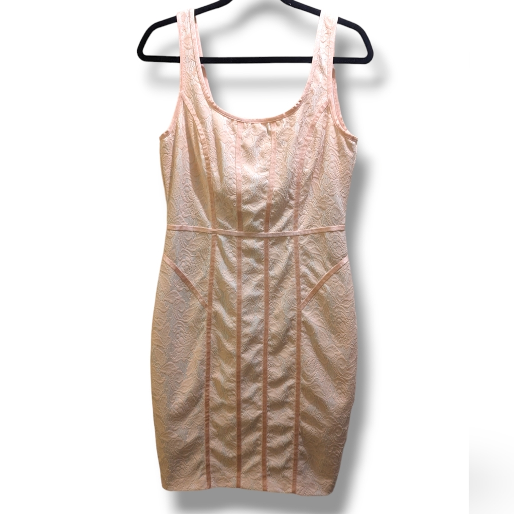 Cache Vintage Pink & White Lace Sheath Dress Sleeveless Scoop Neck Satin Trim- 8 - Picture 3 of 12